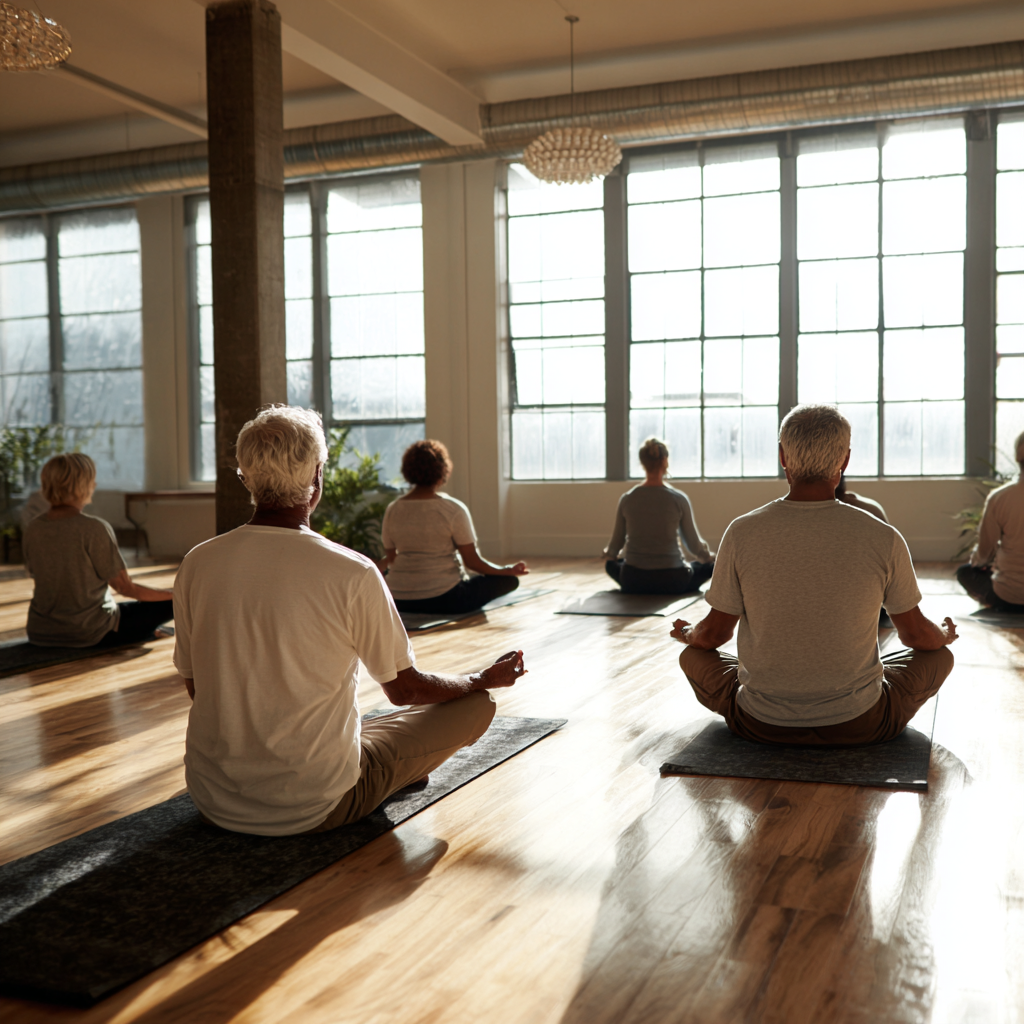 Small group of older adults practicing yoga in peaceful studio with natural light